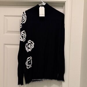 Wonderly Black Turtleneck Sweater with White Floral Stitching